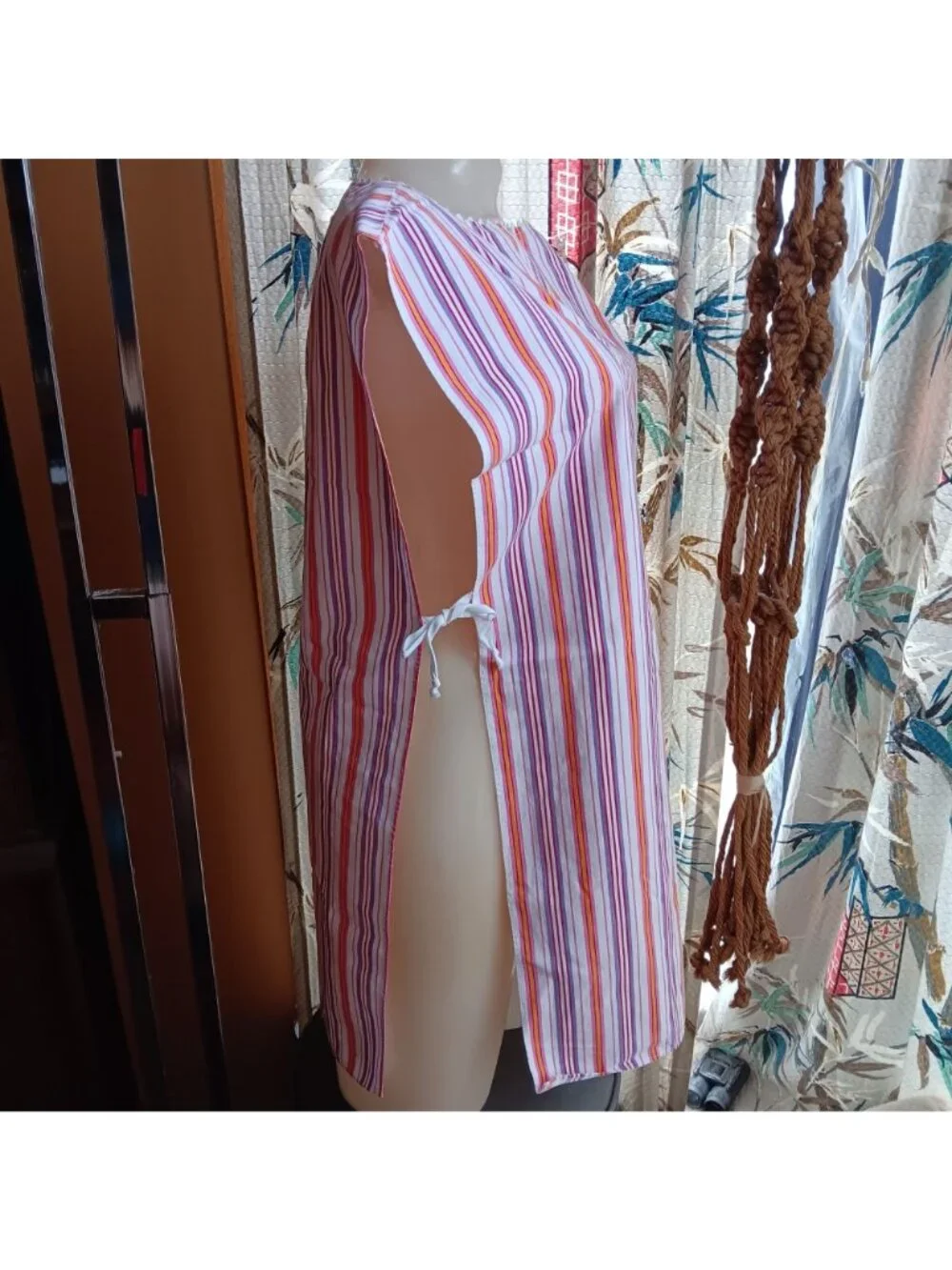 Vintage 1950's  Kitchen Apron Striped Cotton Sleeveless Apron Side Ties Handmade